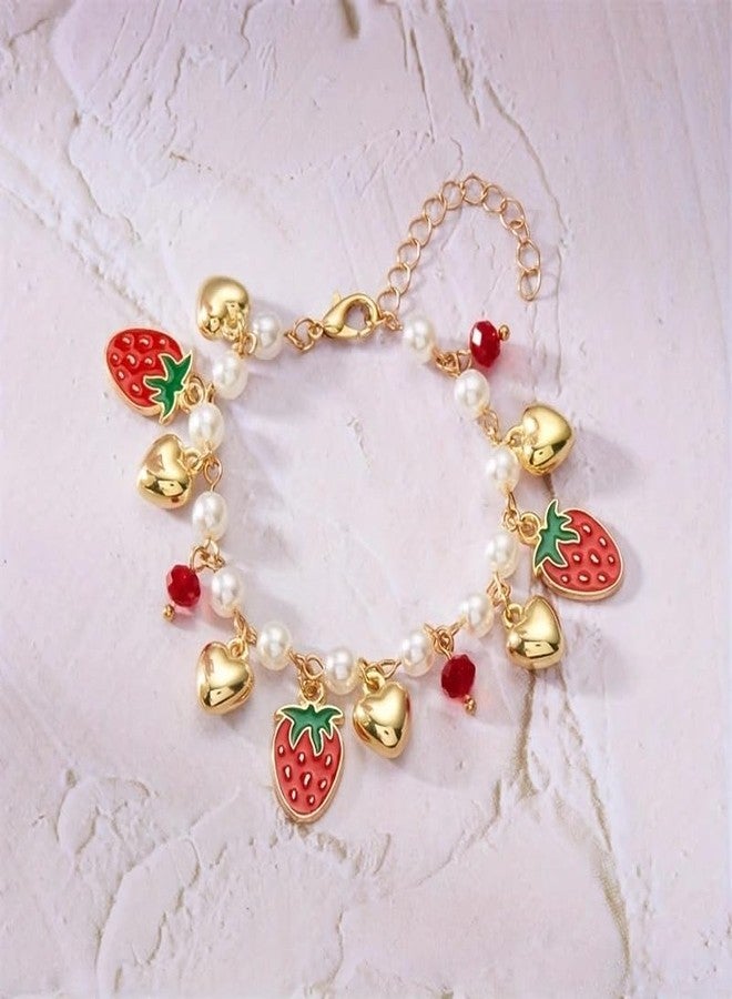 LOTSOF 18K Gold Plated Strawberry Cherry Heart Pearl Bracelet for Women Cute Fruit Adjustable Bracelets Christmas Holiday Birthday Gift Jewelry for Women (Strawberry) - Image 4